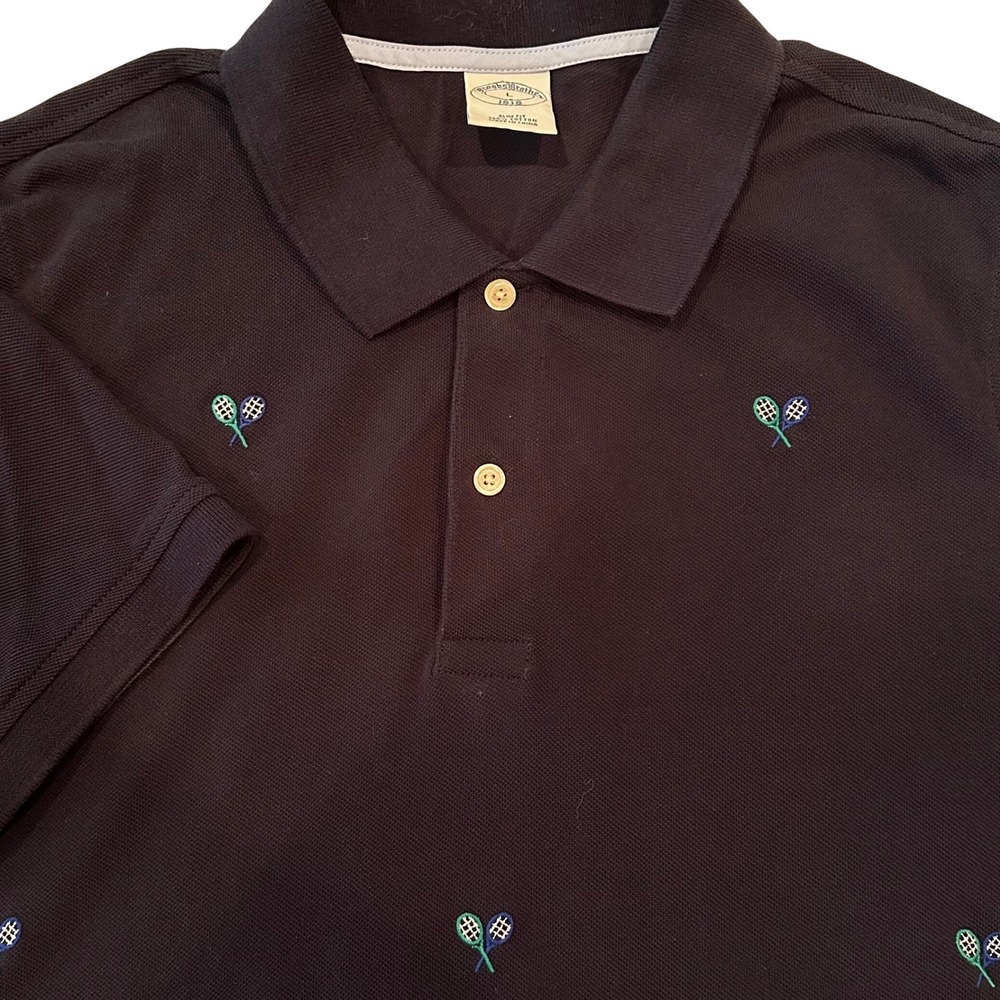 Brooks Brothers Embroidered Tennis Polo Men's Large Slim Fit Navy Preppy Classic